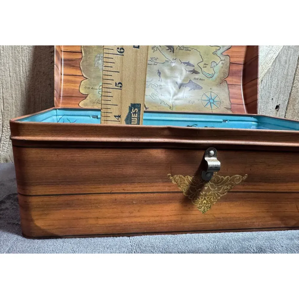 Rare Vintage Tin Litho Treasure Box Hand Painted Metal Pirate Chest Booty